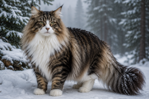 Adult Norwegian Forest Cat standing in a snowy forest showing full size and thick winter coat