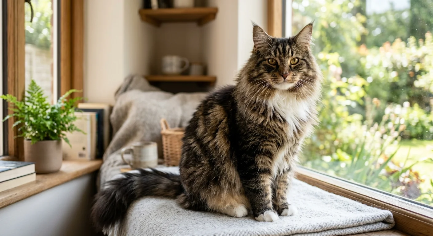 Norwegian Forest Cat with thick fluffy coat sitting indoors near a window